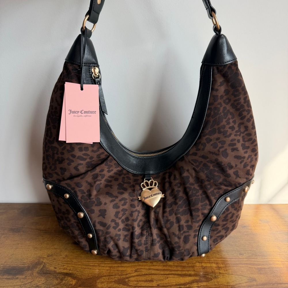 New Juicy Couture Retro Glam Leopard Hobo Shoulder Handbag Y2K Black Brown
